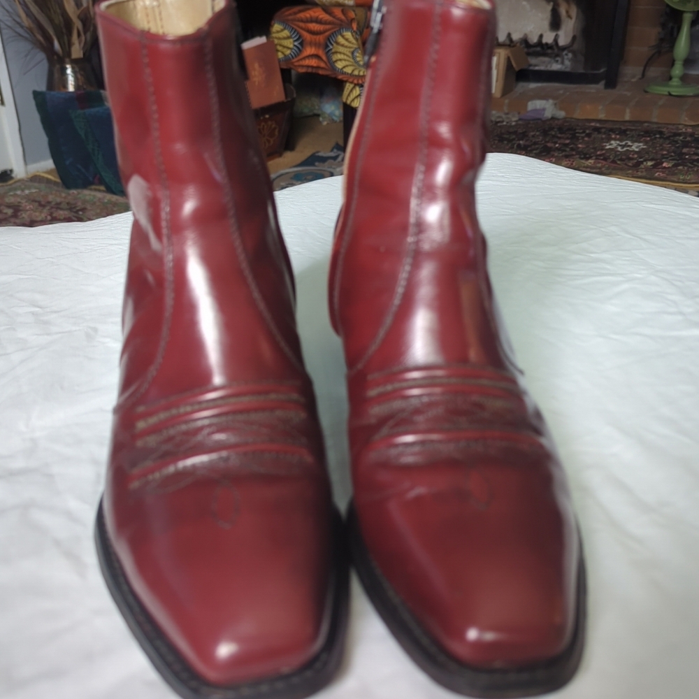 Men’s 1970’s Sears Rusty Brown Leather Western Side Zip Square Toe Heeled Boot - Picture 9 of 12